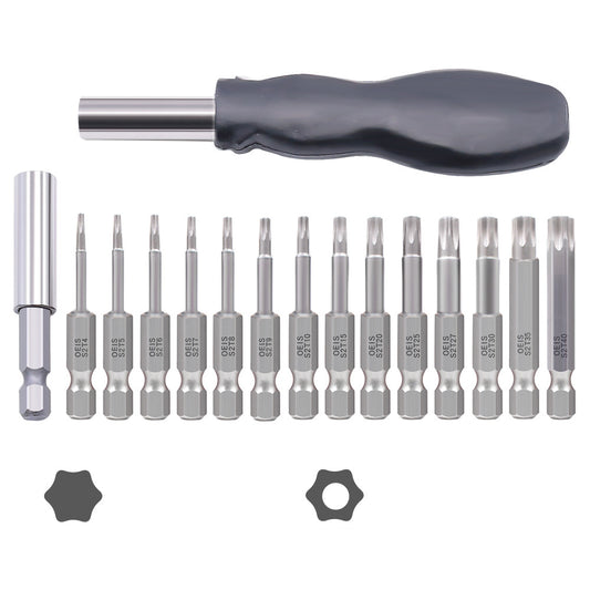 16PCS Torx Security Screwdriver Drill Bit Set S2 Steel 1 / 4 Inch Magnetic Hex Shank Star Bits