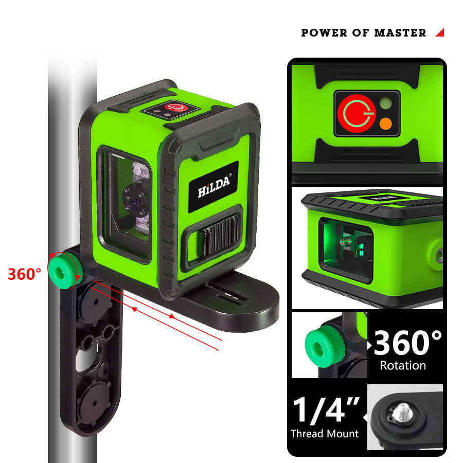 HILDA 2-Lines Cross Green Light Laser Level Meter Horizontal and Vertical Laser Self-Leveling Tool (with Wall Bracket and Storage Bag)