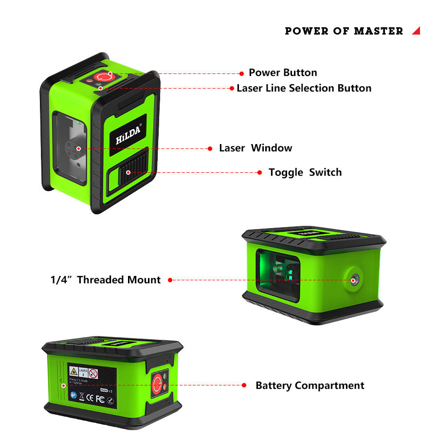 HILDA 2-Lines Cross Green Light Laser Level Meter Horizontal and Vertical Laser Self-Leveling Tool (with Wall Bracket and Storage Bag)