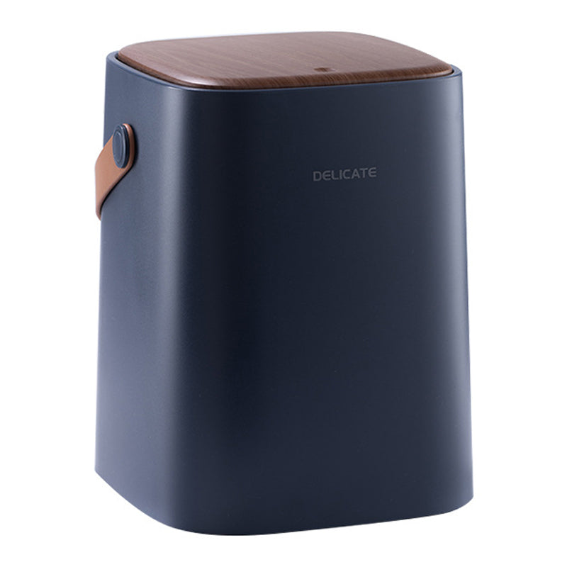 Wood Grain Design Home Waste Bin Plastic Bedroom Living Room Garbage Trash Can with Press-Type Lid and Leather Handle