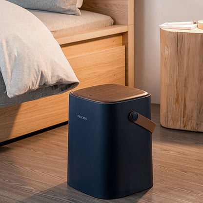 Wood Grain Design Home Waste Bin Plastic Bedroom Living Room Garbage Trash Can with Press-Type Lid and Leather Handle