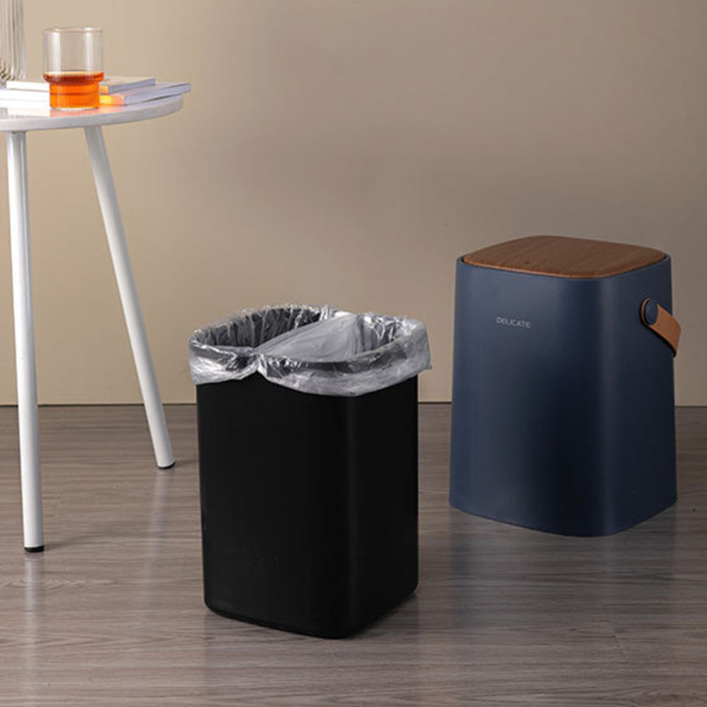 Wood Grain Design Home Waste Bin Plastic Bedroom Living Room Garbage Trash Can with Press-Type Lid and Leather Handle