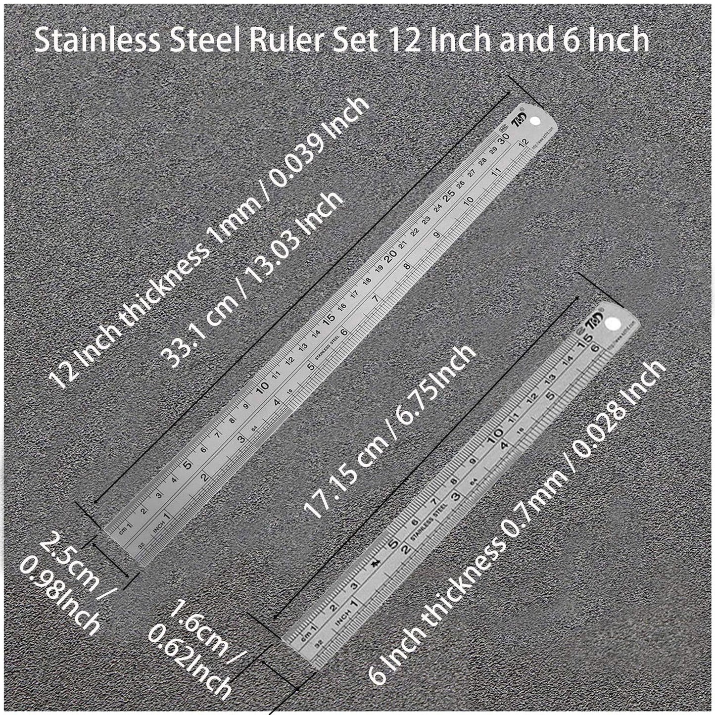 THD 12-inch + 6-inch Stainless Steel Straight Ruler Set Engineering School Office Precision Measuring Hand Tool