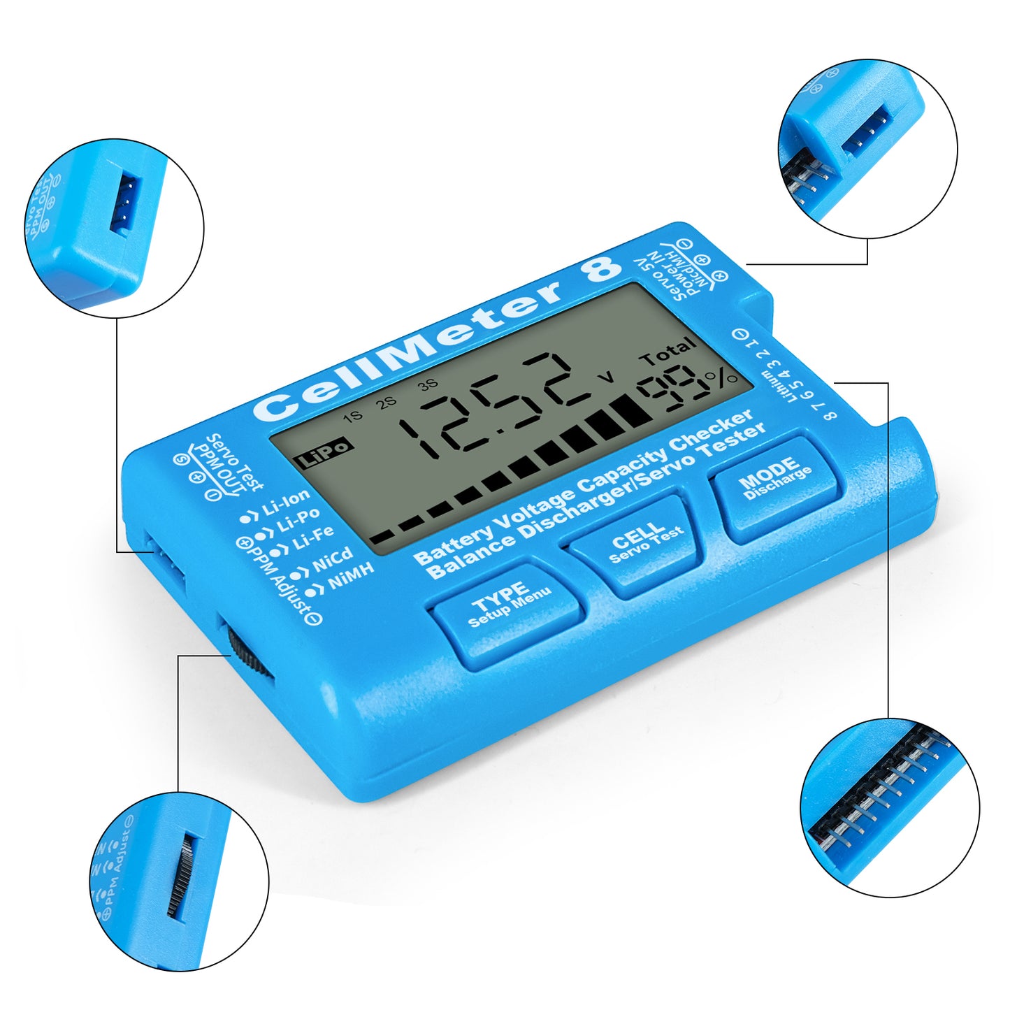 Cellmeter 8-in-1 Digital Battery Capacity Checker Controller Tester Voltage Tester for Li-Po Li-ion NiMH Nicd Cell Meter