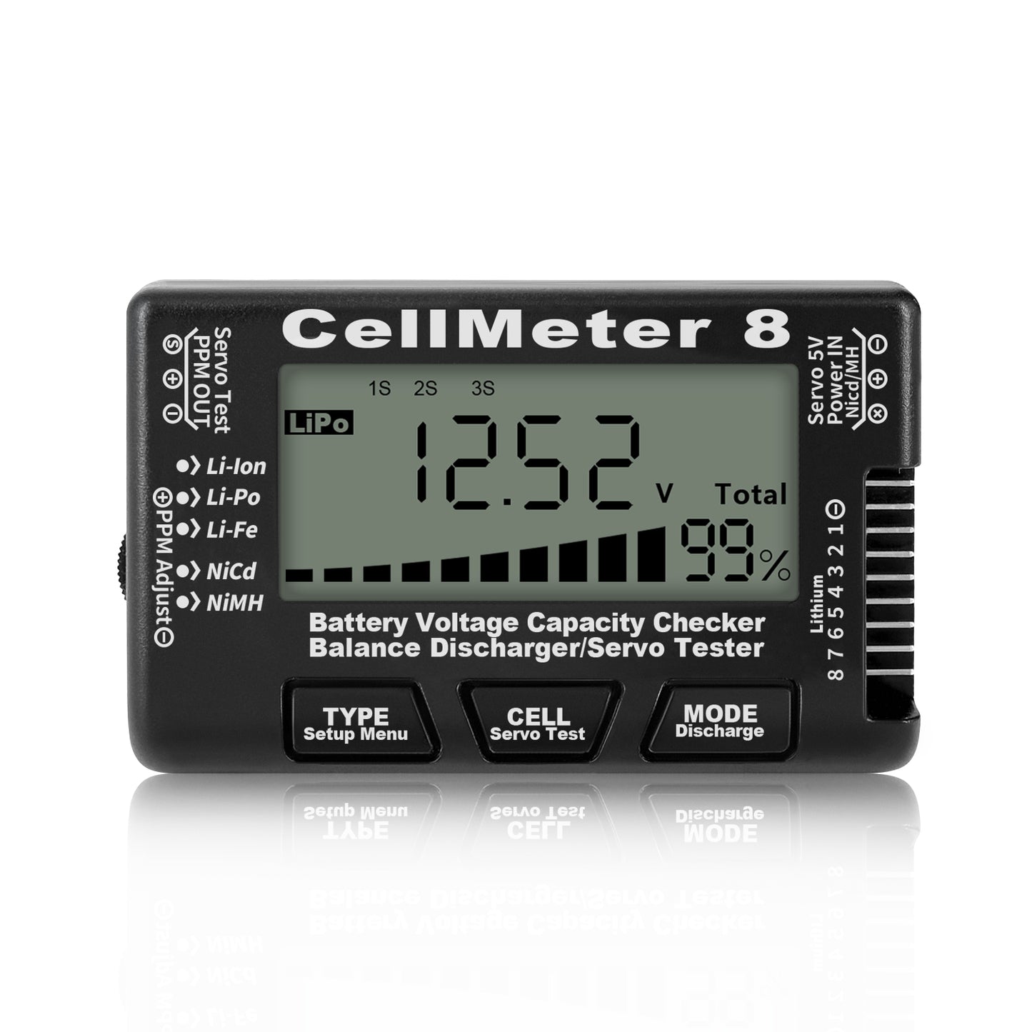 Cellmeter 8-in-1 Digital Battery Capacity Checker Controller Tester Voltage Tester for Li-Po Li-ion NiMH Nicd Cell Meter