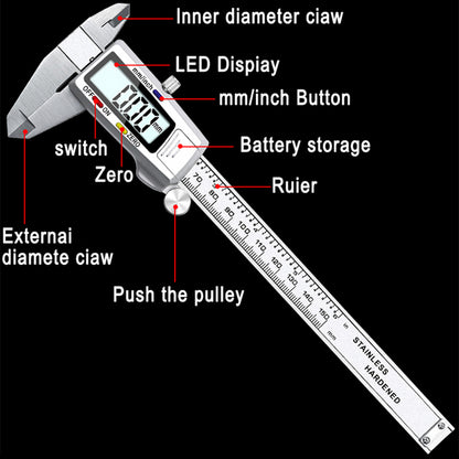 0-150mm Digital Vernier Stainless Steel LCD Display Caliper with Tri-color Button for Length Width Depth Diameter