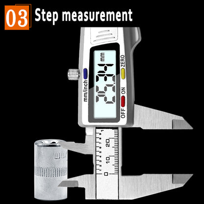 0-150mm Digital Vernier Stainless Steel LCD Display Caliper with Tri-color Button for Length Width Depth Diameter