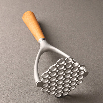 Manual Potato Masher Aluminum Alloy Pumpkin Fruit Masher Presser with Wooden Grip (No FDA, BPA Free)