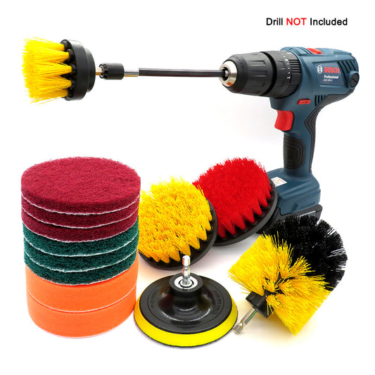 14Pcs HX1908 Electirc Drill Brush Set Scrub Pads and Sponge Cleaner Kit with Drill Bit Extender