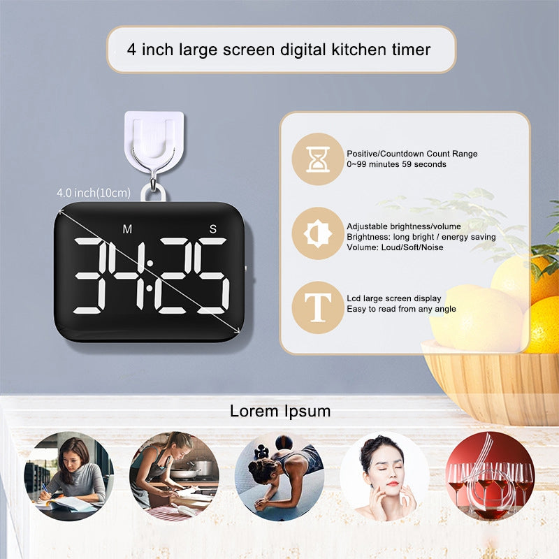 YGH-5268 4-inch LCD Display Magnetic Kitchen Timer Volume / Brightness Adjustable Digital Countdown Alarm Clock with Memory Function