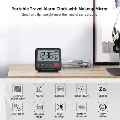 YGH-5247 Digital Alarm Clock LCD Desk Clock with Backlight Date Temperature Snooze 12 / 24H Weekend Mode and Mirror