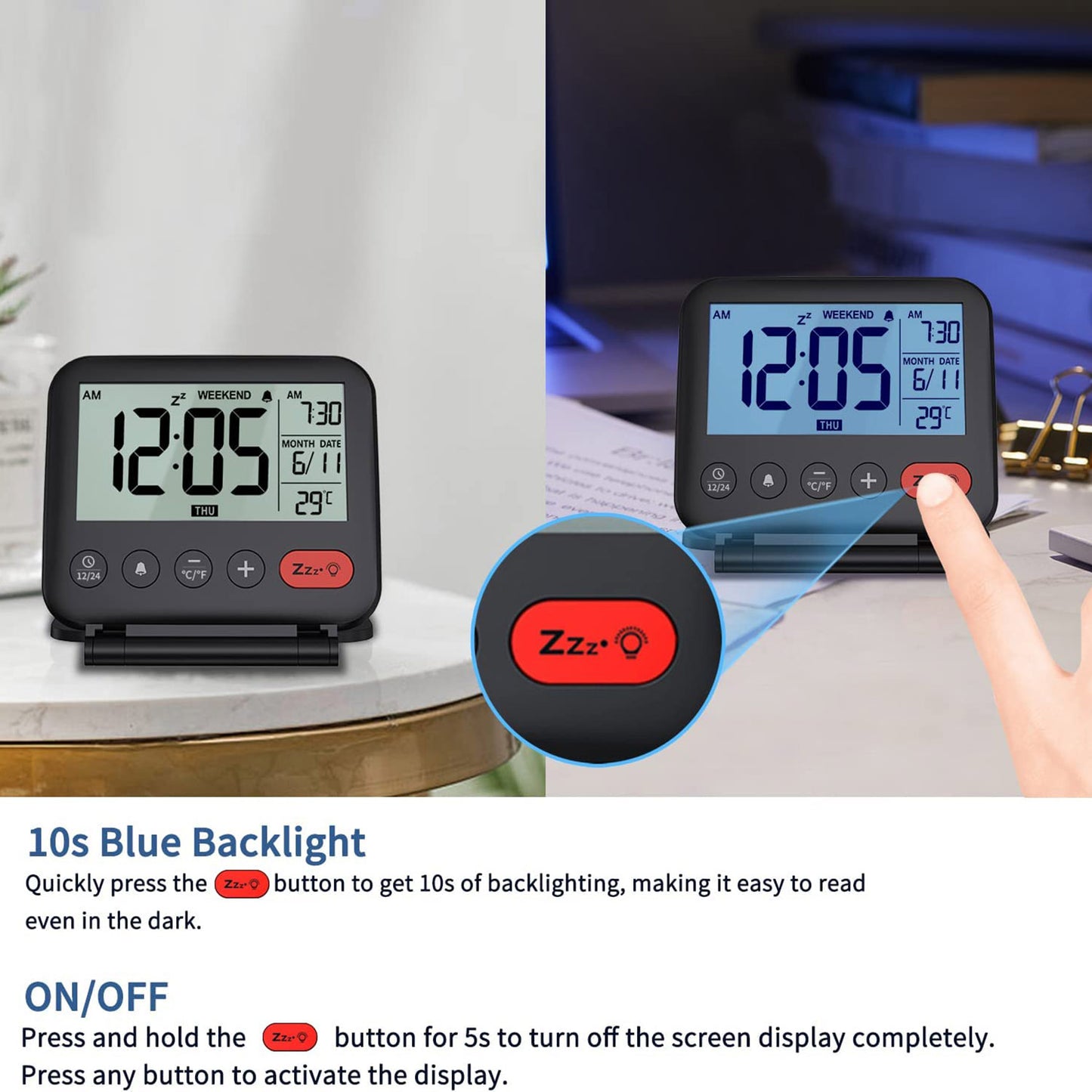 YGH-5247 Digital Alarm Clock LCD Desk Clock with Backlight Date Temperature Snooze 12 / 24H Weekend Mode and Mirror