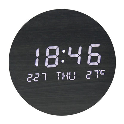 Round Alarm Clock Large Screen Living Room Rechargeable Wooden Wall Clock Temperature Display