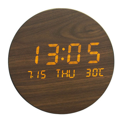 Round Alarm Clock Large Screen Living Room Rechargeable Wooden Wall Clock Temperature Display