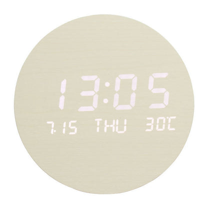 Round Alarm Clock Large Screen Living Room Rechargeable Wooden Wall Clock Temperature Display