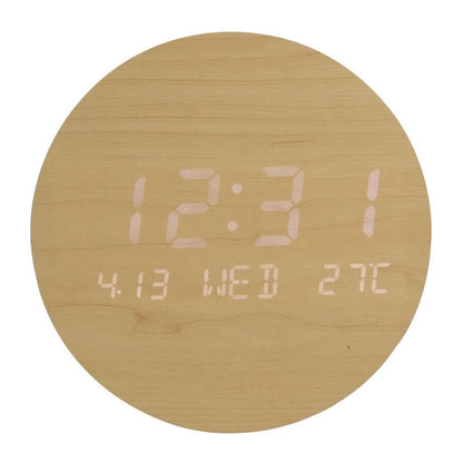 Round Alarm Clock Large Screen Living Room Rechargeable Wooden Wall Clock Temperature Display