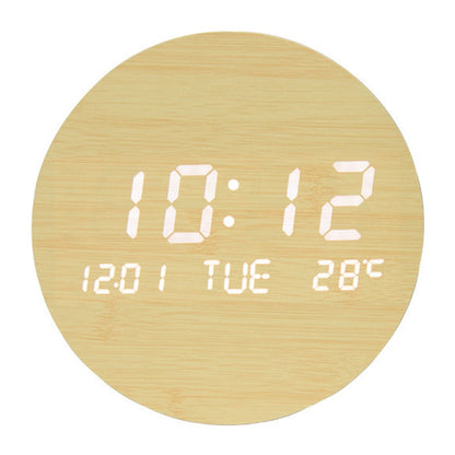 Round Alarm Clock Large Screen Living Room Rechargeable Wooden Wall Clock Temperature Display