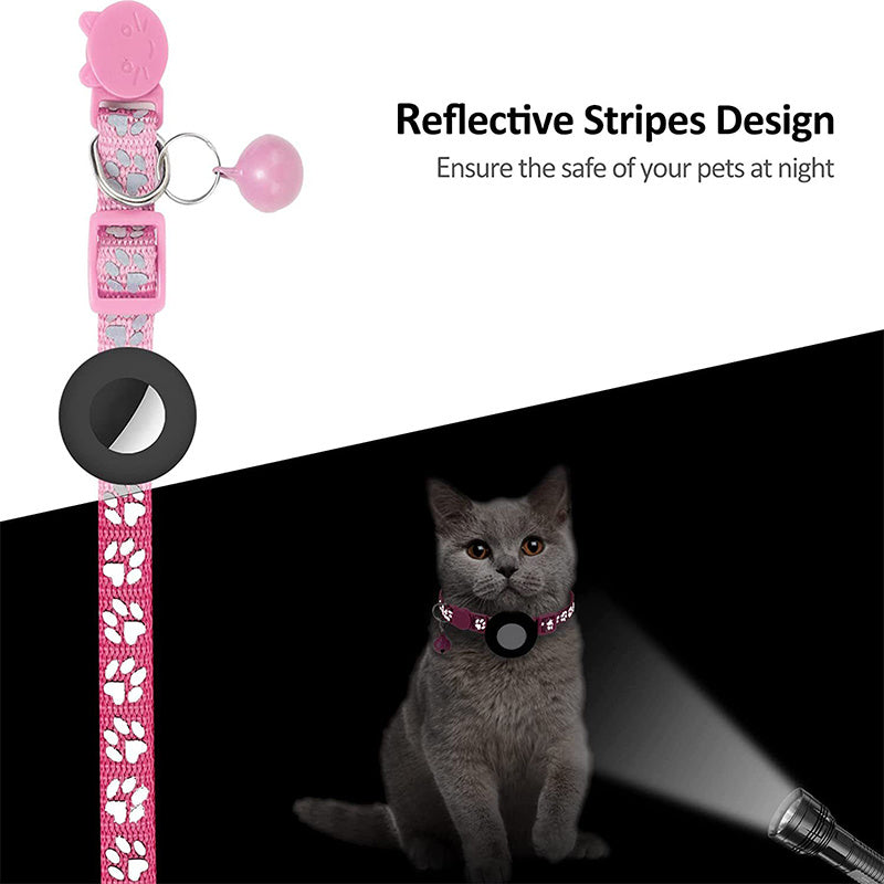 For AirTag Silicone Case Paw Pattern Reflective Pet Collar GPS Tracker Protective Cover with Bell