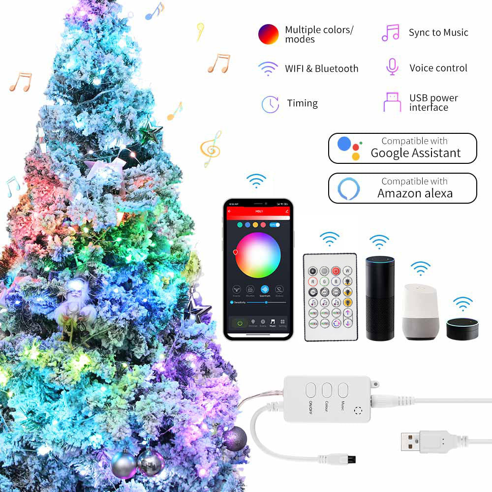 YJSL-I 10m 100 LED USB Powered Tuya WiFi Bluetooth Remote Voice Control Copper Wire Light String RGB Music Sync Festival Party Decor