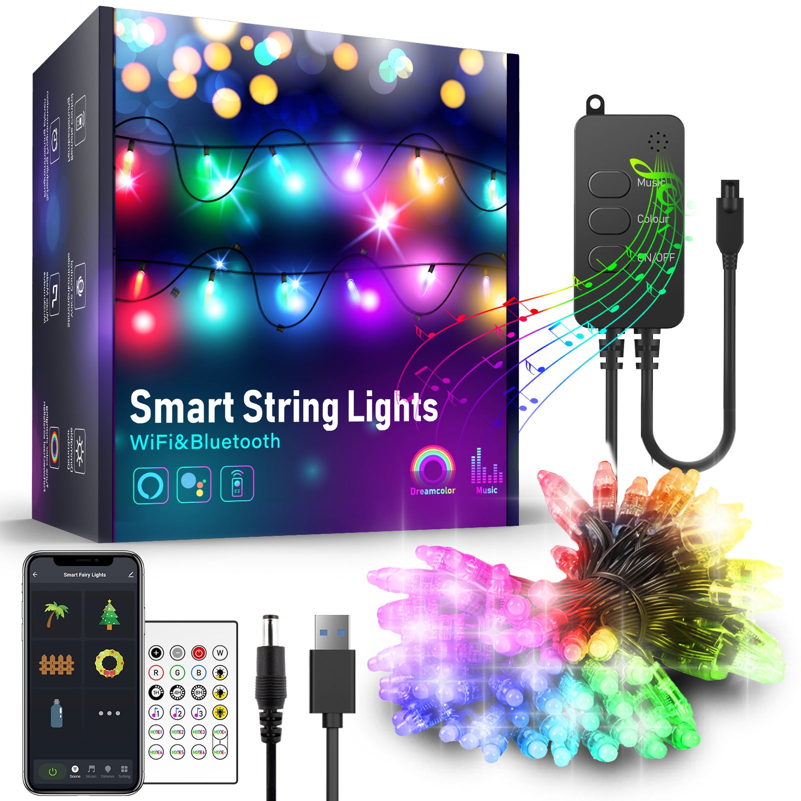 YJSL-O 10m 60-LED Tuya Smart WiFi String Light Dreamcolor RGB USB Strip Light Music Sync with 24 Key Remote Work for Google Home Alexa