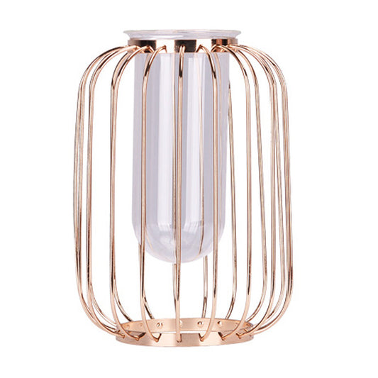 Luxury Transparent Glass Vase with Iron Stand Lantern Shaped Geometric Hydroponic Vase Home Decoration, Size S