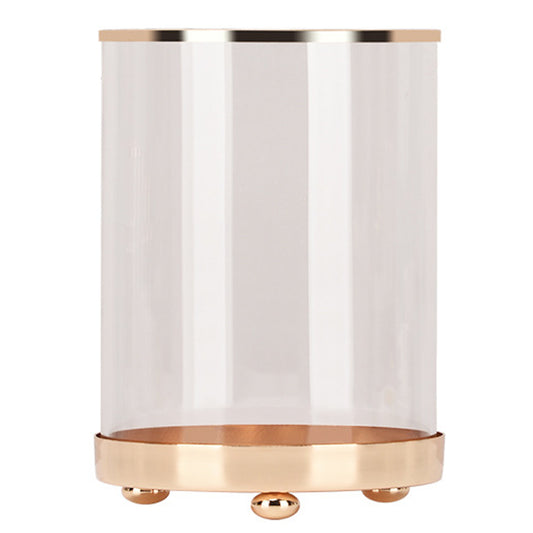 European Style Glass Vase Flowers Metal Glass Candle Holder Cylinder Makeup Brush Storage Holder Case, Size: S