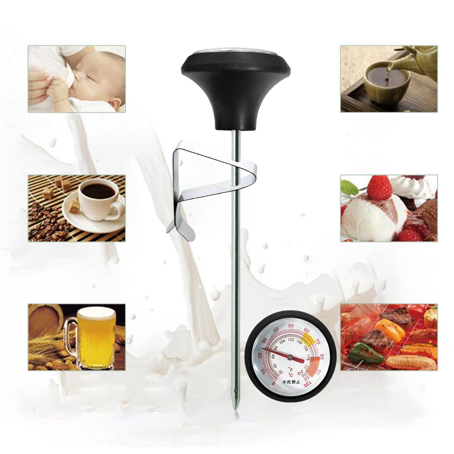 B-3 Stainless Steel Probe Thermometer Celsius and Fahrenheit Scale Thermometer with Clip for Coffee, Milk, Jam (No FDA Certificate)