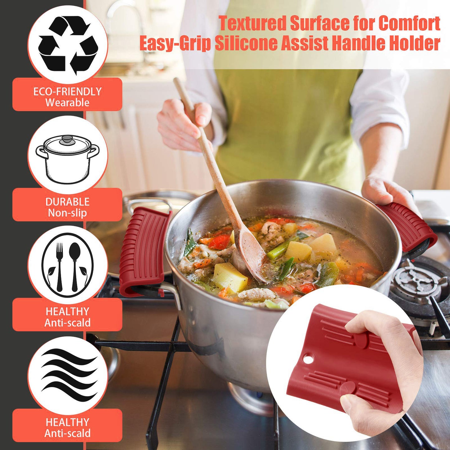 Large Size 1 Pot Handle Cover + 1 Pair Assist Handle Cover Kitchen Silicone Heat Resistant Pot Handle Covers Set (FDA Certificated, BPA-free)