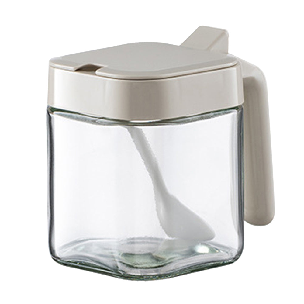 AAB022 Transparent Glass Seasoning Box with Spoon  and Hanlde Spice Jar Condiment Bottle (BPA Free, No FDA Certification)