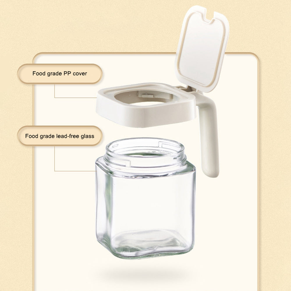 AAB022 Transparent Glass Seasoning Box with Spoon  and Hanlde Spice Jar Condiment Bottle (BPA Free, No FDA Certification)