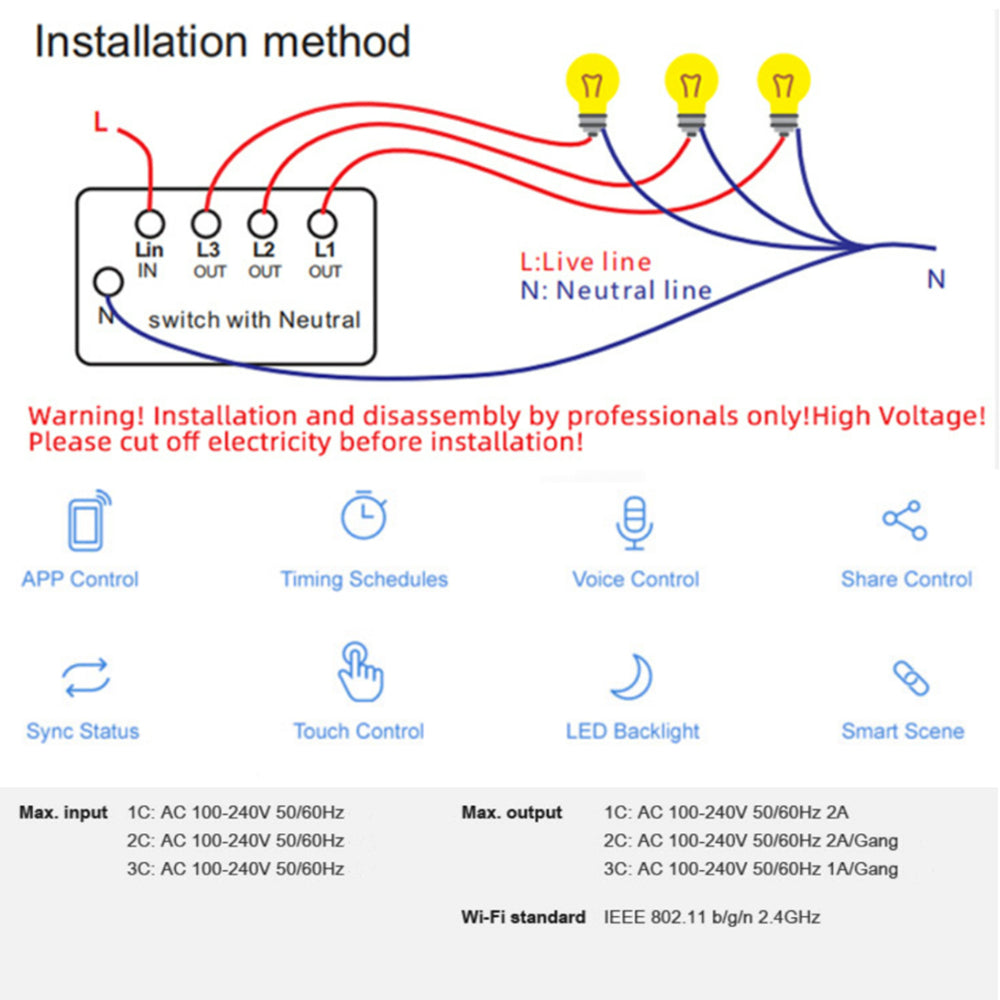 1-Gang Smart WiFi Switch Zero Fire Version Neutral Wire Fire Wire Required Voice Control Wall Switch Controller, EU Plug