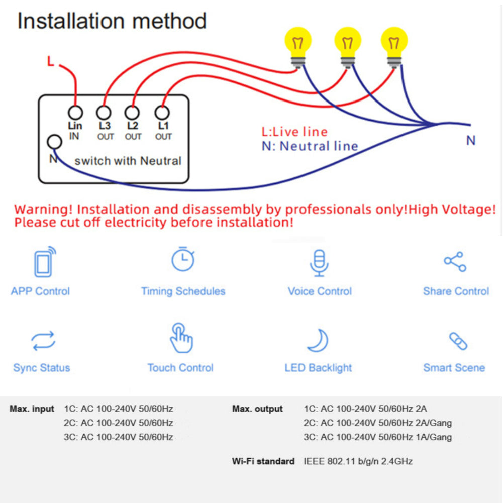 2-Gang Smart WiFi Switch Light Zero Fire Version Neutral Wire Fire Wire Required Voice Control Wall Switch Controller, EU Plug