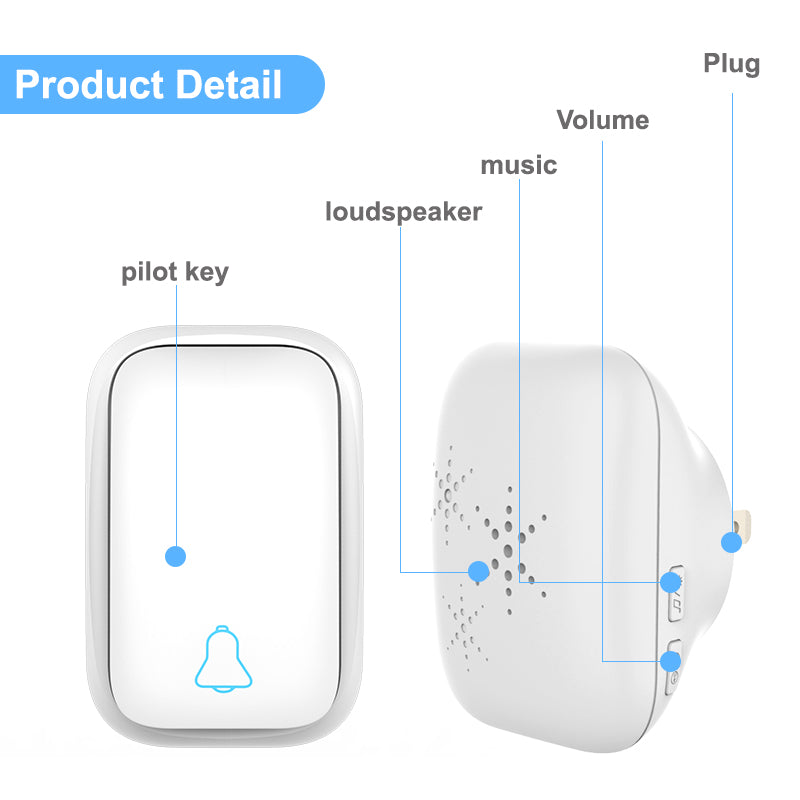 TS-K111 Wireless Doorbell IP68 Waterproof Door Bell Chime Kit Alarm with 38 Melodies, 2 Door Bells and 1 Button