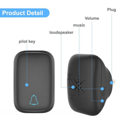 TS-K111 Wireless Doorbell Kit Plug and Play Door Bell 38 Melodies Alarm 4 Adjustable Volume Levels for Home Villa Apartment Elder-care, 2 Buttons and 1 Door Bell