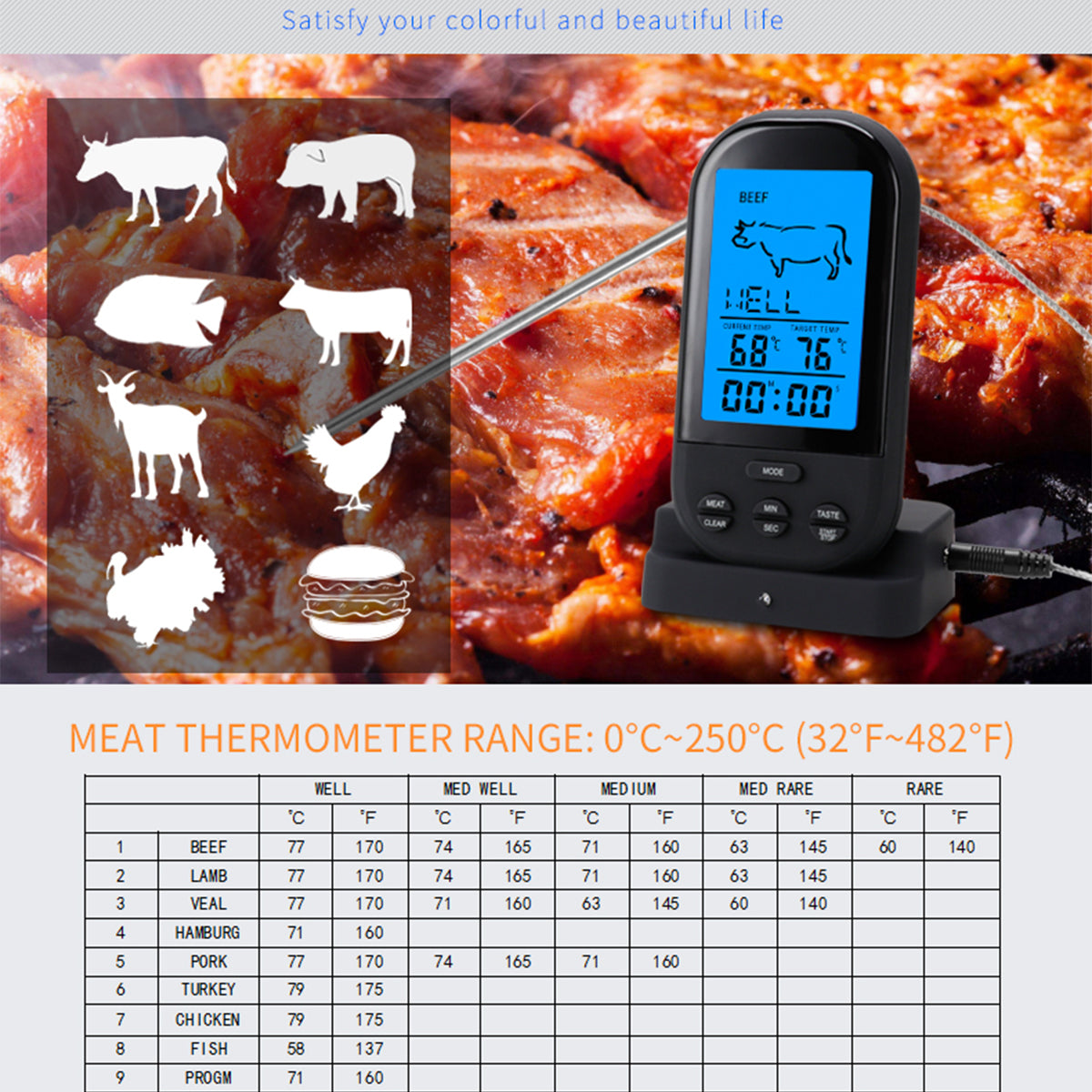 TS-HY62 Large LCD Screen Kitchen Outdoor BBQ Thermometer Food Meat Temperature Measurement Tool (BPA Free, FDA Certificated)