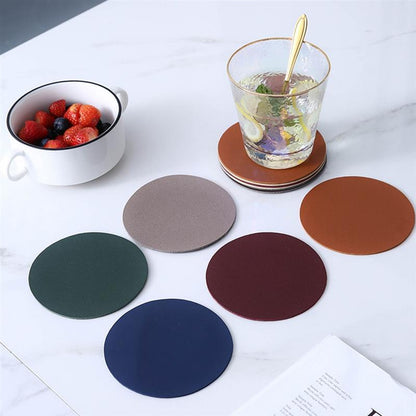 6Pcs PU Leather Coasters Round Heat Resistant Anti-skid Cup Pad Mats Dining Table Decoration