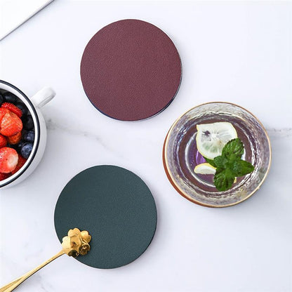 6Pcs PU Leather Coasters Round Heat Resistant Anti-skid Cup Pad Mats Dining Table Decoration