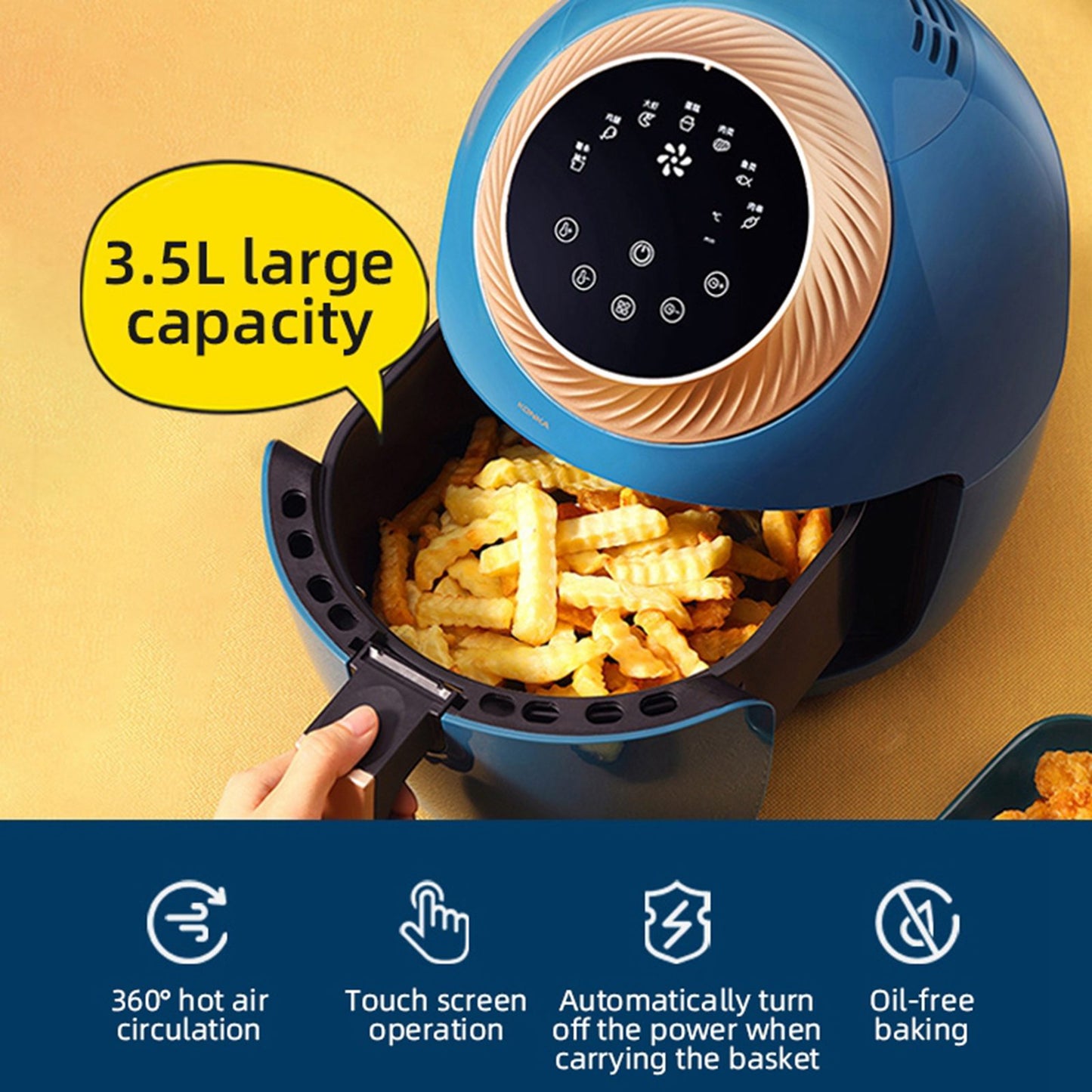 KONKA KGKZ-AS2 EU Plug 3.5L Smart Touch Control Electric Oven Healthy Oilless Air Fryer French Fries Maker (No FDA Certificate, BPA-Free)