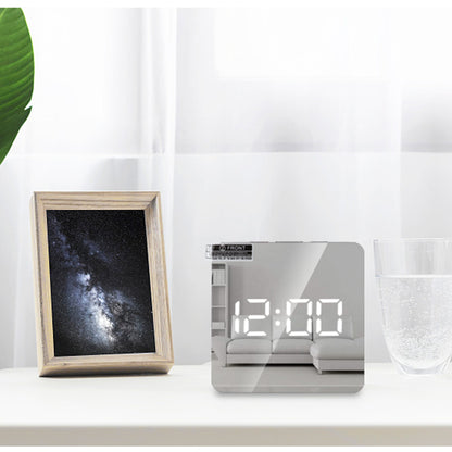 Square Shape Multifunction Mirror Electronic Alarm Clock LED Light Makeup Mirror Brightness Adjustment