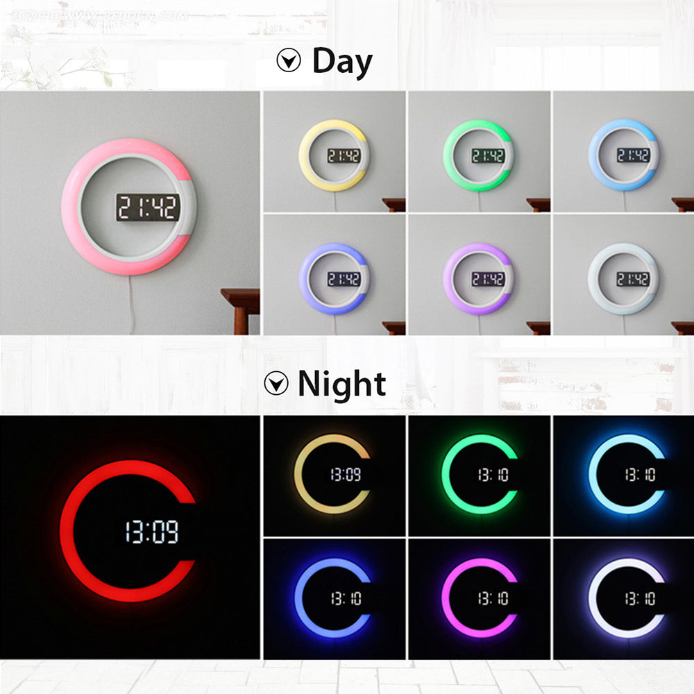 TS-S24 Creative LED Mirror Hollow Wall Clock with Alarm Temperature Ring Light Multi-color Switch