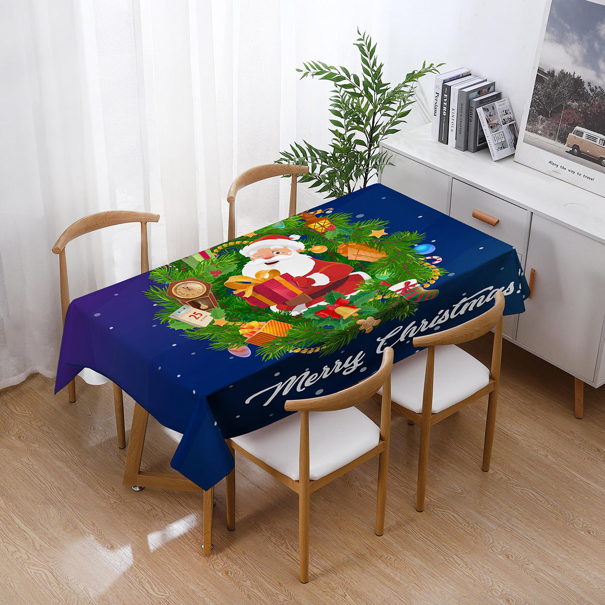 140x210cm Merry Christmas Santa Claus Bell Print Tablecloth Dinner Table Cover Decoration