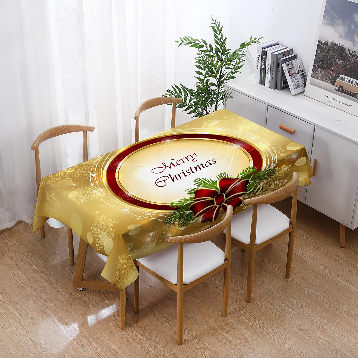 140x210cm Merry Christmas Santa Claus Bell Print Tablecloth Dinner Table Cover Decoration