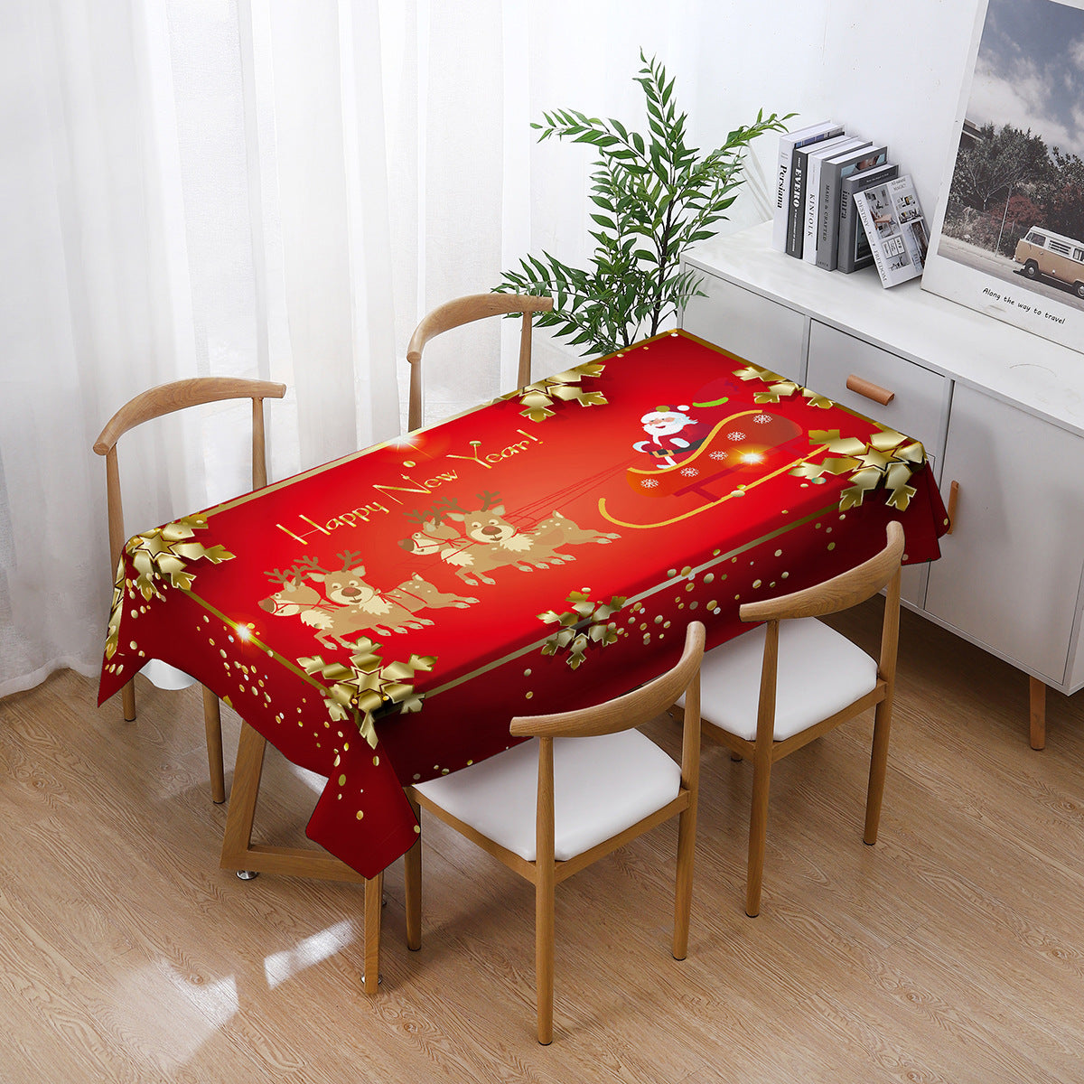 140x210cm Merry Christmas Santa Claus Bell Print Tablecloth Dinner Table Cover Decoration