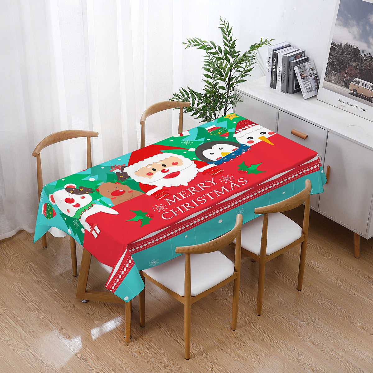 140x210cm Merry Christmas Santa Claus Bell Print Tablecloth Dinner Table Cover Decoration