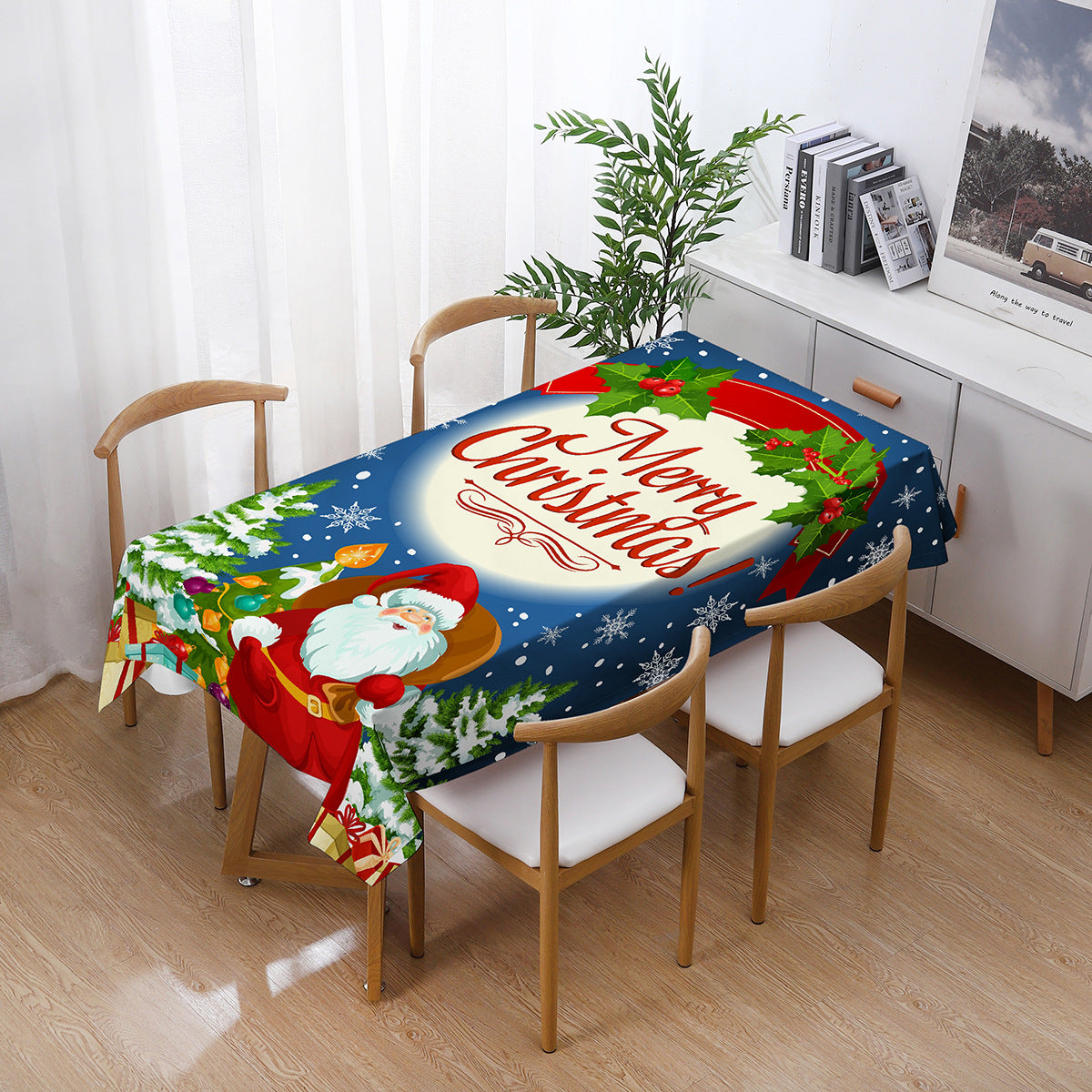 140x210cm Merry Christmas Santa Claus Bell Print Tablecloth Dinner Table Cover Decoration