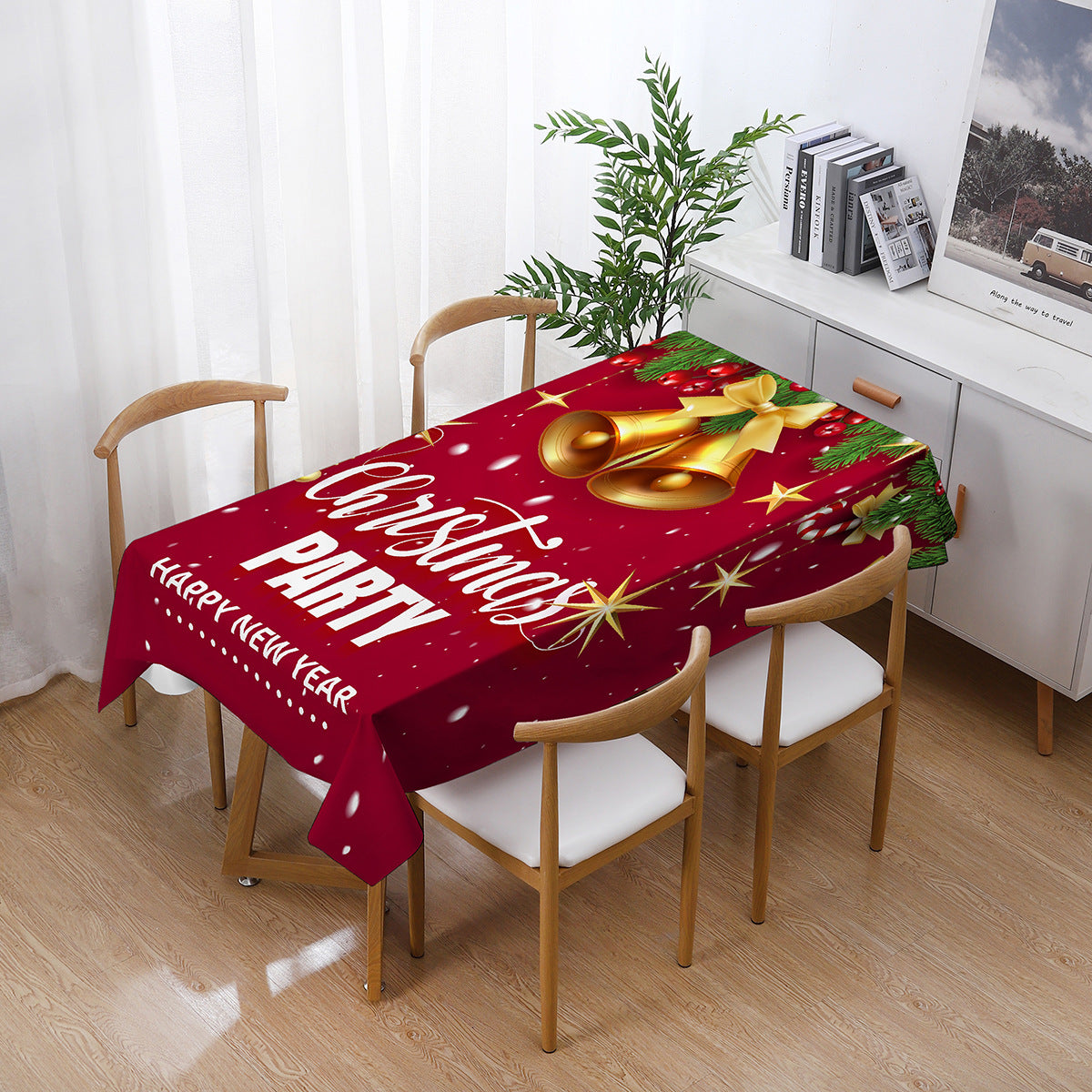 140x210cm Merry Christmas Santa Claus Bell Print Tablecloth Dinner Table Cover Decoration