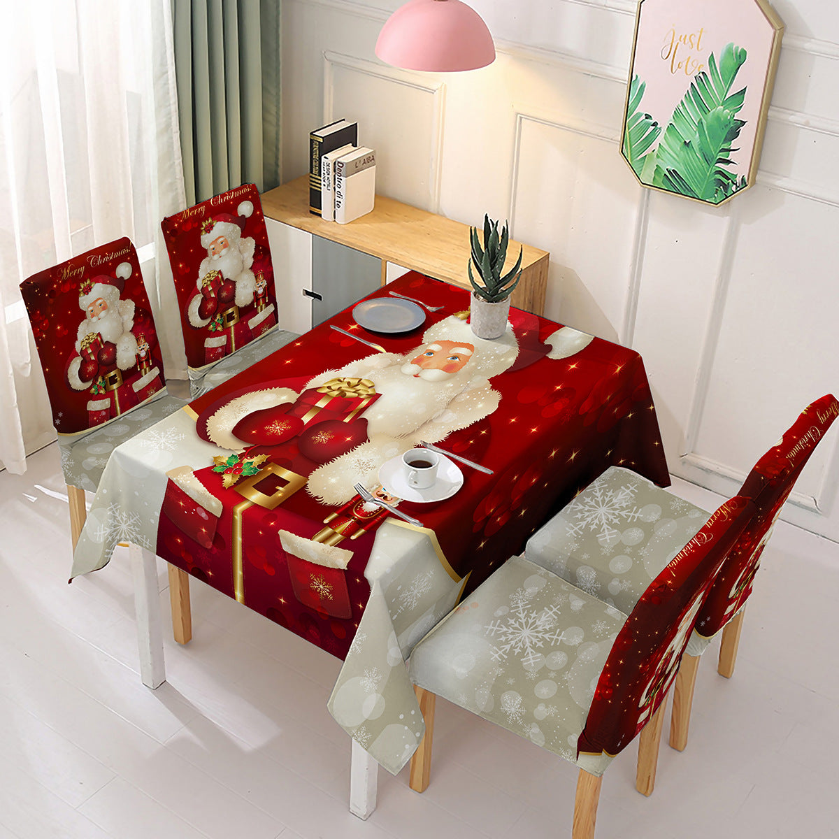 140x140cm Christmas Santa Claus Bell Printed Stain-resistant Tablecloth with 4 Chair Covers Kitchen Table Decoration