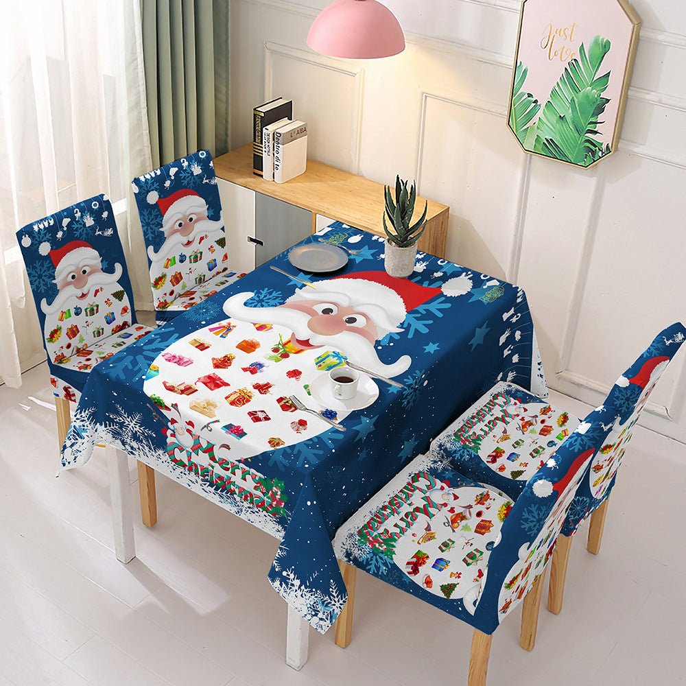 140x180cm Christmas Pattern Tablecloth with 4 Stretchable Chair Covers Kitchen Decoration