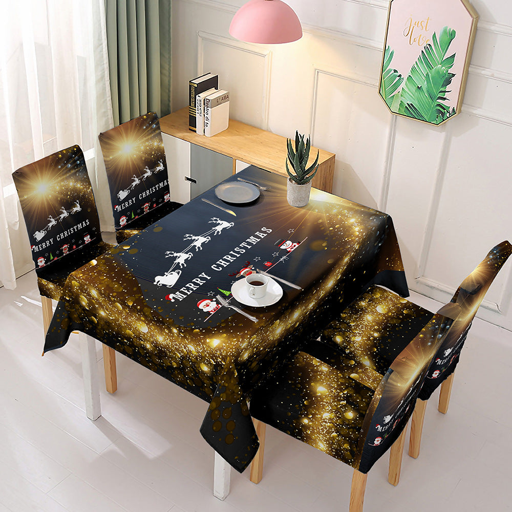 140x180cm Christmas Pattern Tablecloth with 4 Stretchable Chair Covers Kitchen Decoration