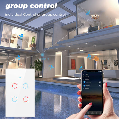 SMATRUL TMW403 US Plug Tuya 433MHZ WiFi Smart Touch Tempered Glass Wall Switch Light Timing Countdown Remote Control for Alexa Google Home, 4 Gang WiFi